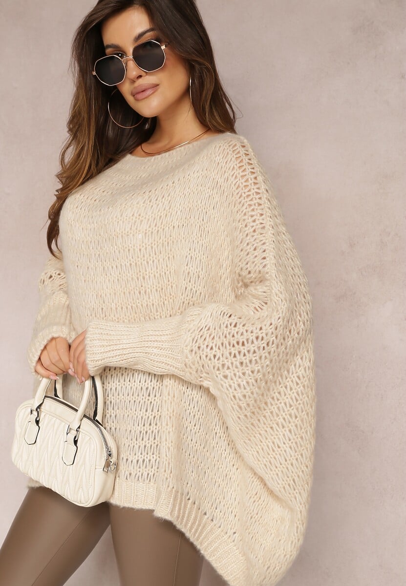 Bordowy Luźny Sweter Dzianinowy w Stylu Ponczo Nattava