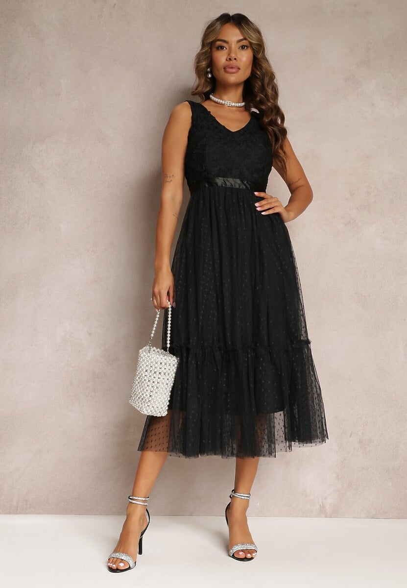 Czarna Taliowana Sukienka Midi z Ozdobną Siateczką Celerise