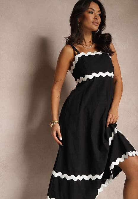 Czarna Sukienka z Wiskozą i Bawełną na Ramiączkach z Geometrycznym Wzorem Ilanvia