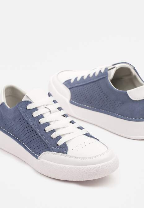 Niebieskie Sneakersy Zamszowe Ozdobione Perforacją ze Skórzaną Wkładką Ralnella