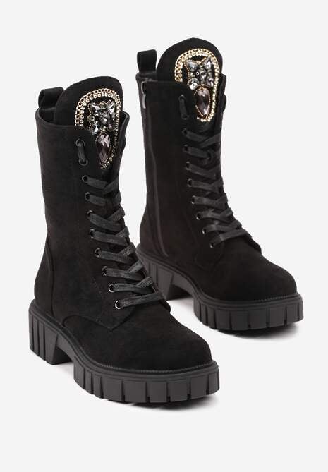 Czarne Sznurowane Botki w Stylu Workerów na Platformie z Tłoczeniem Ozdobione Cyrkoniami Ravetta