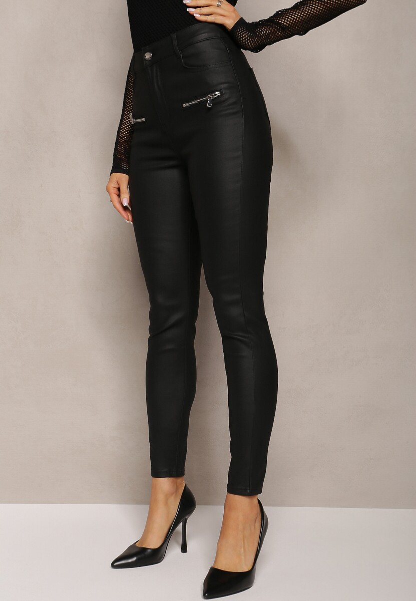 Czarne Spodnie Skinny z Imitacji Skóry Ozdobione Suwakami Finarindra