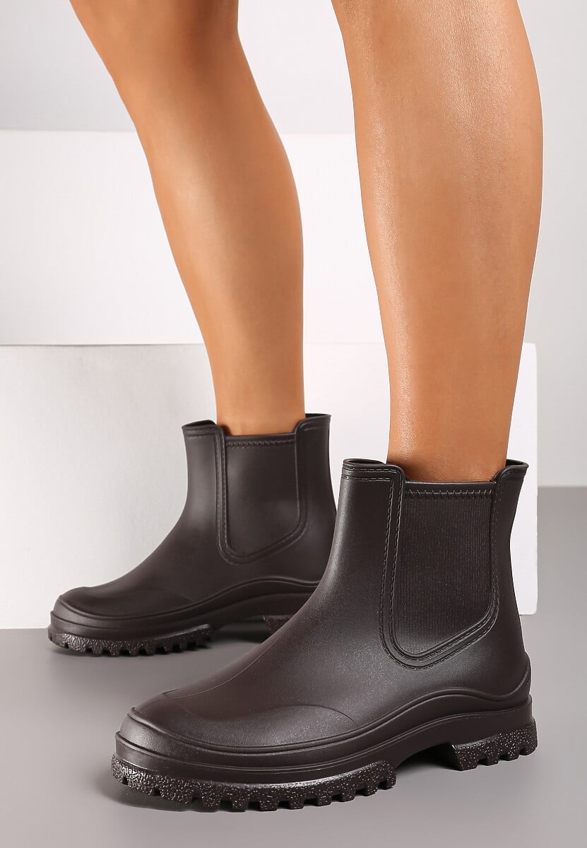 Brązowe Kalosze z Gumką na Cholewce na Niskiej Platformie Erisanya