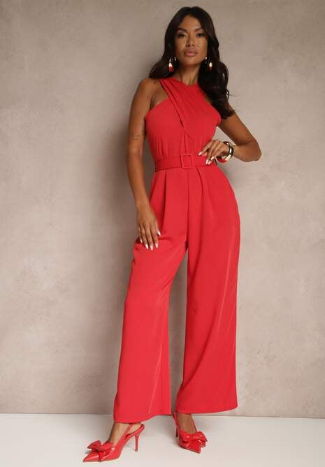 Czerwony Kombinezon z Paskiem z Klamrą i Marszczeniem Dolavelle