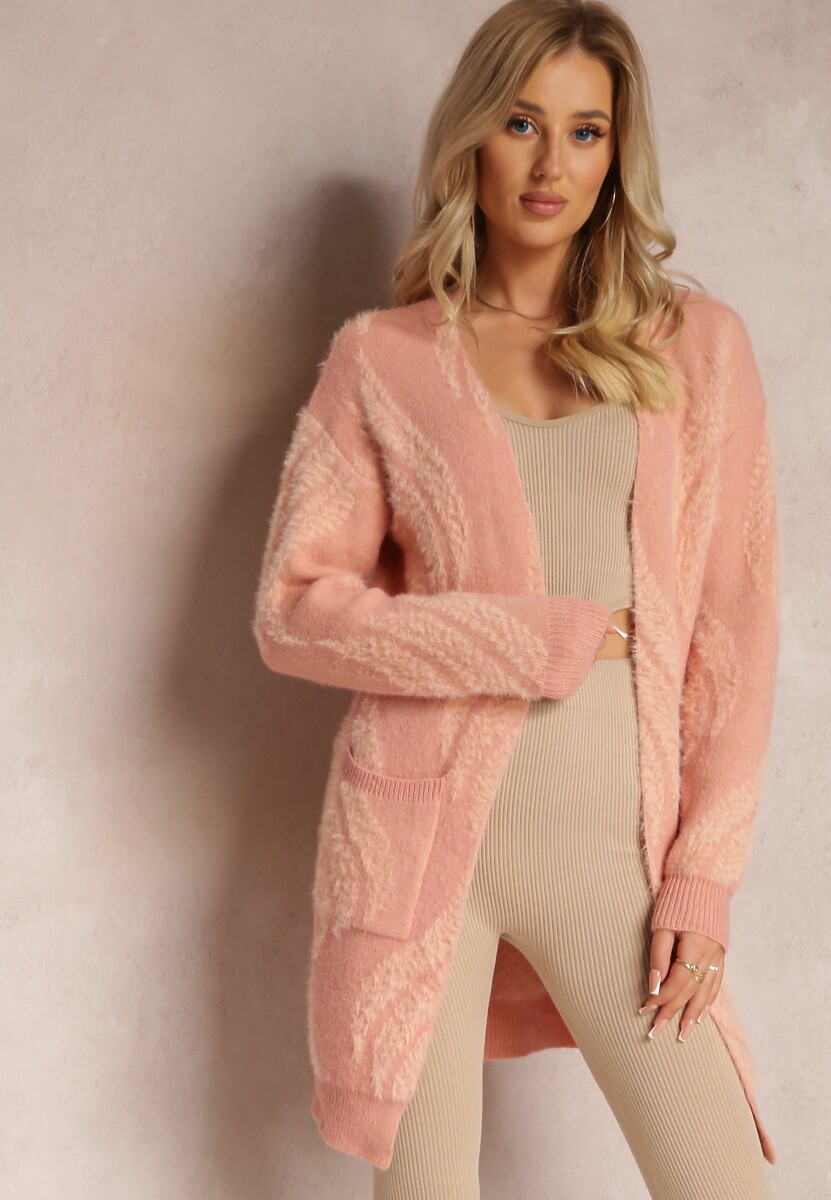 Ciemnoróżowy Luźny Kardigan Niezapinany z Dłuższym Włosiem Karsta