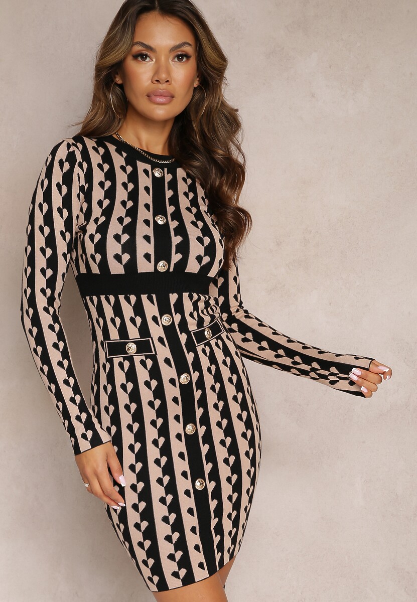 Ciemnobeżowa Dopasowana Sukienka Dzianinowa w Geometryczny Wzór Grimau