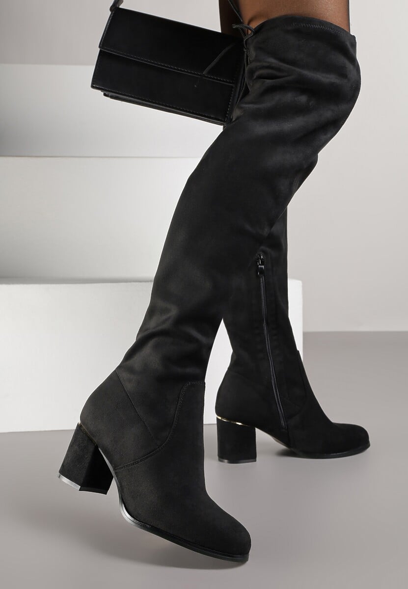 Czarne Kozaki Muszkieterki na Słupku z Wiązaniem z Tyłu Idivelle