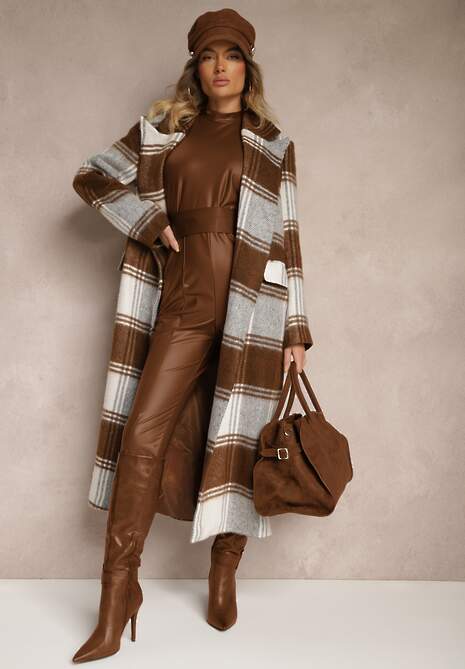 Brązowy Niezapinany Płaszcz w Kratkę z Kieszeniami z Klapą Fiboila