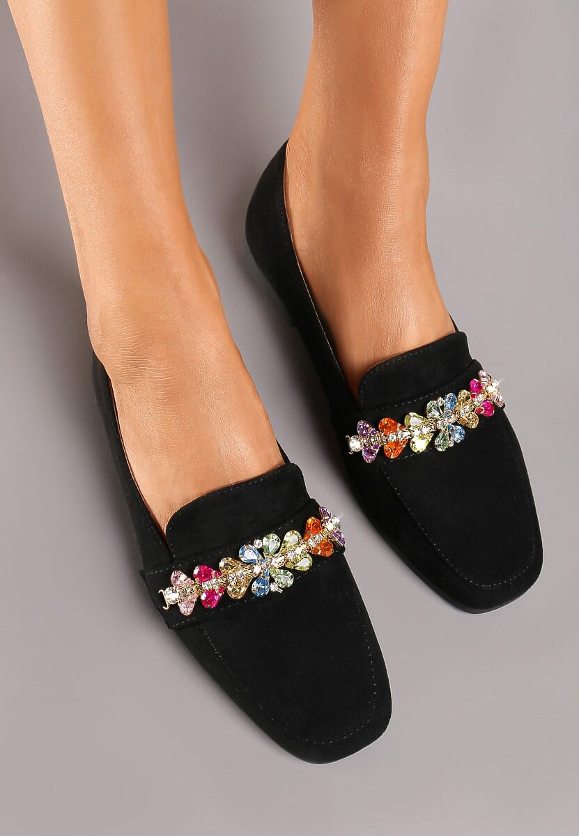 Czarne Mokasyny na Płaskiej Podeszwie z Ozdobą z Kryształków Peneda