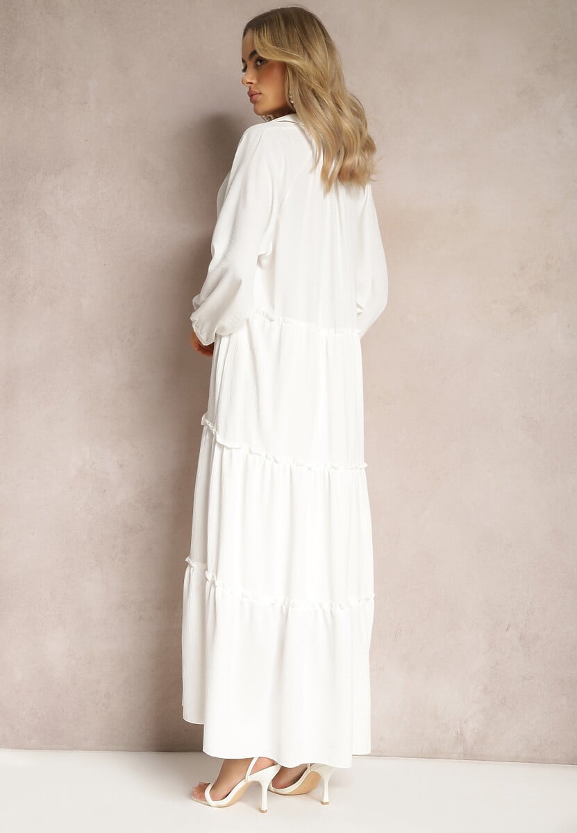 Biała Rozkloszowana Sukienka Maxi z Falbankami i Kołnierzykiem Rehtima