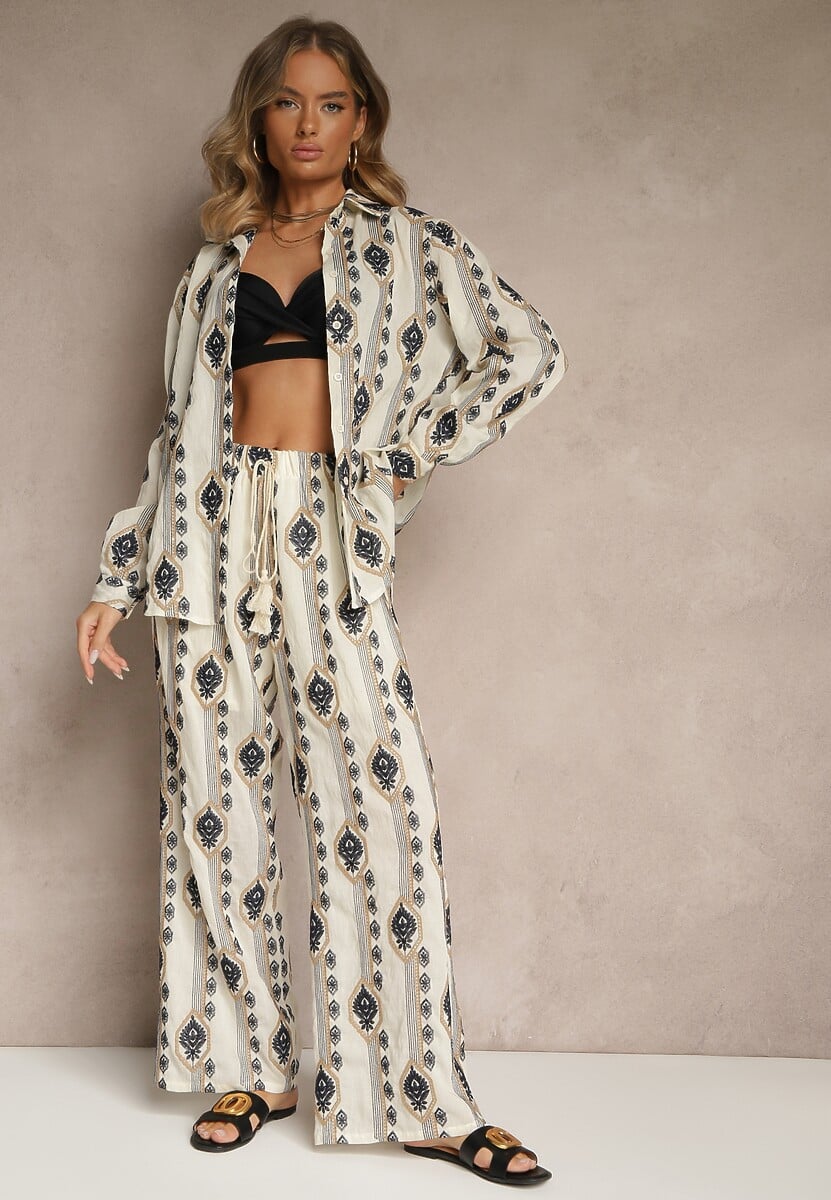 Beżowy Bawełniany Komplet z Haftowanymi Zdobieniami Koszula i Spodnie Nalavina