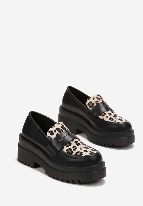 Czarno-Brązowe Mokasyny na Grubej Podeszwie z Protektorem i Motywem w Cętki Asinate