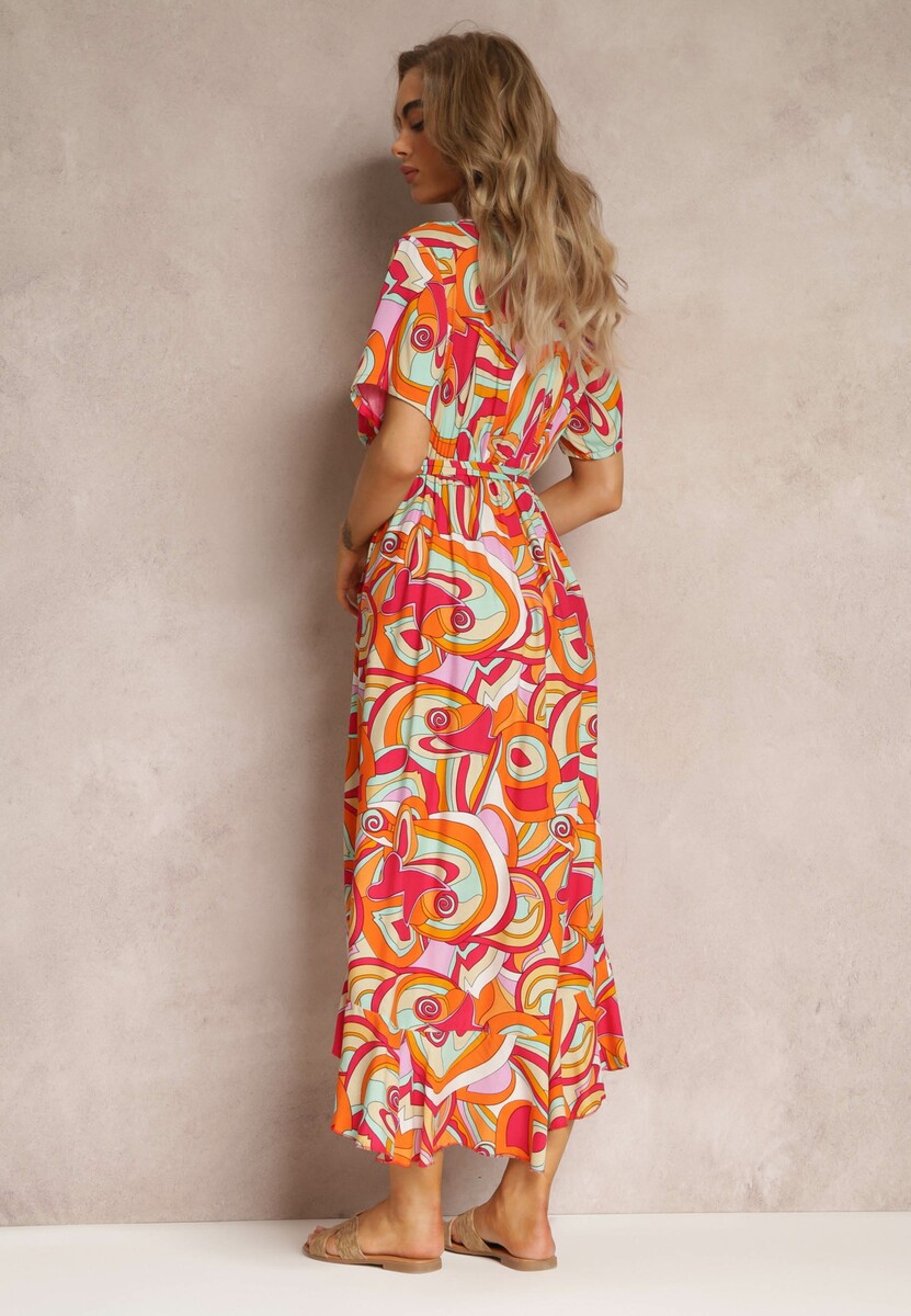 Pomarańczowa Wzorzysta Sukienka Midi z Gumką w Talii z Wiskozy Angelett