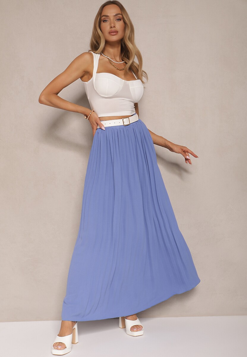 Niebieska Plisowana Spódnica o Rozkloszowanym Kroju z Gumką w Talii Ulindris