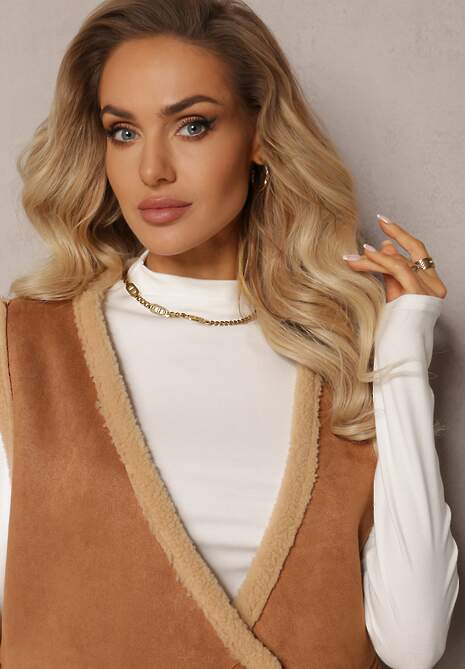 Brązowa Luźna Kamizelka z Ozdobnym Kożuszkiem Barta