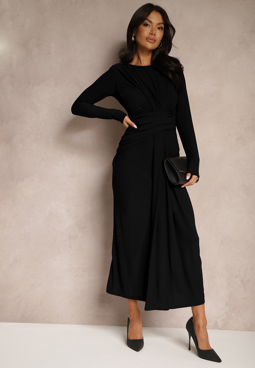 Czarna Marszczona Sukienka o Dopasowanym Kroju z Długim Rękawem i Trenem Sennariel