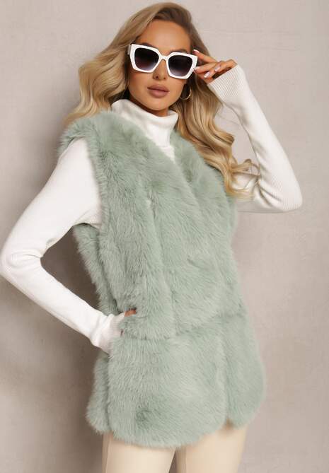 Jasnozielona Puchata Kamizelka z Futerka Ozdobiona Imitacją Skóry Tekllesa