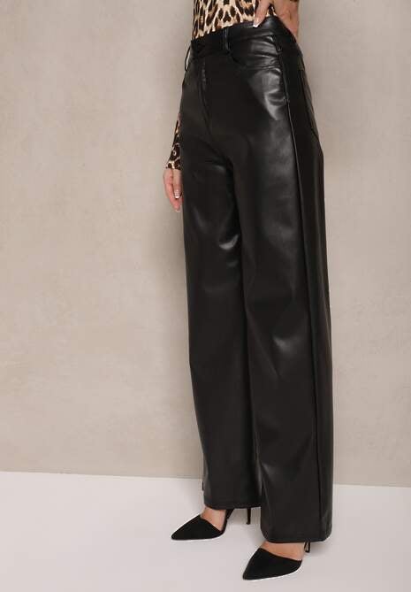 Czarne Szerokie Spodnie High Waist z Imitacji Skóry Enawinn