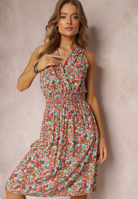 Pomarańczowa Kwiecista Sukienka Midi z Wiskozy Bez Rękawów z Gumkami w Talii Sarunna