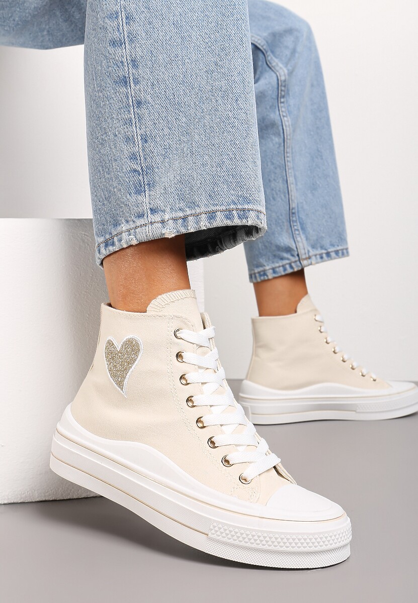 Niebieskie Trampki za Kostkę na Niskiej Platformie z Brokatową Ozdobą w Kształcie Serca Annexla