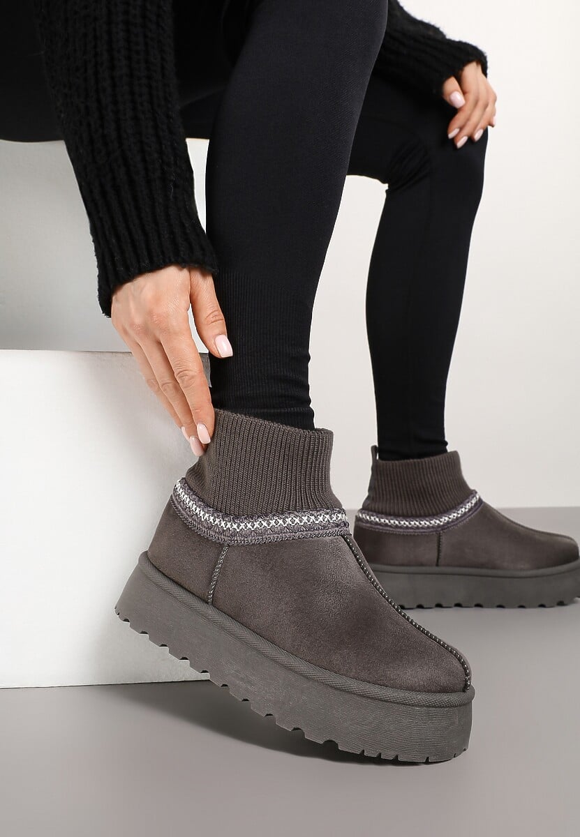 Brązowe Śniegowce na Platformie ze Skarpetową Cholewką Erevelis