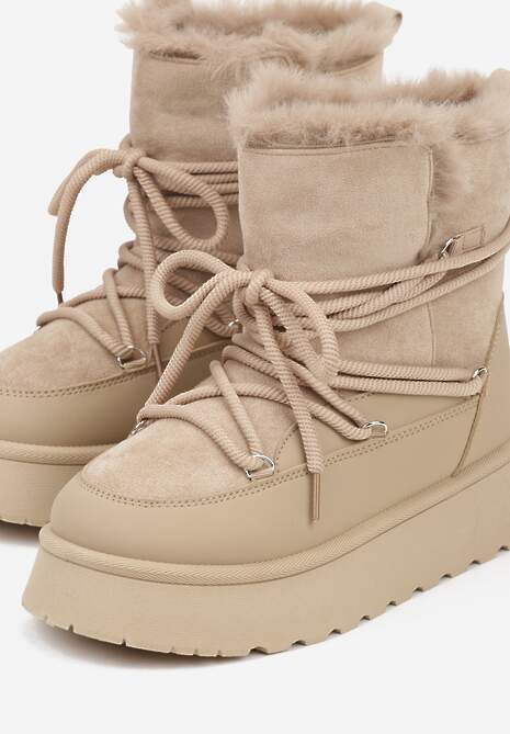 Ciemnobeżowe Śniegowce na Platformie Ozdobione Futerkiem Anwedea