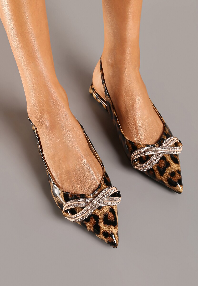 Brązowe Sandały w Panterkę na Płaskiej Podeszwie z Odkrytą Piętą i Kokardą z Cyrkonii Helfedi