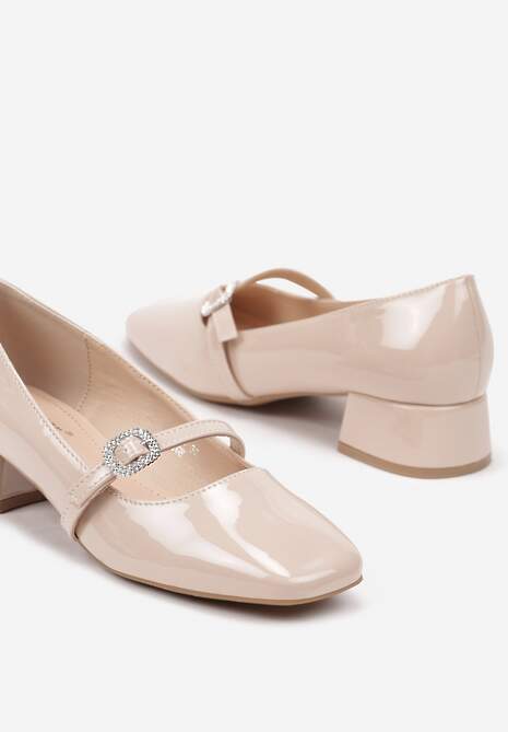 Beżowe Czółenka Lakierowane na Słupku ze Sprzączką i Cyrkoniami Arcebia