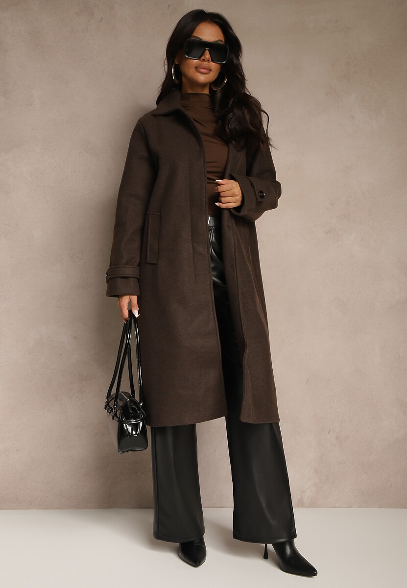 Brązowy Płaszcz Jednorzędowy z Wiskozą i Wełną Typu Trencz Maitila