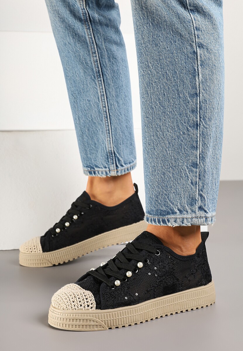 Czarne Ażurowe Trampki z Plecionką Ellisine