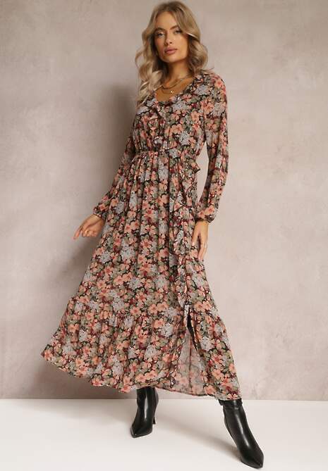 Czarno-Beżowa Sukienka Rozkloszowana w Kwiaty z Gumką w Pasie Bledareta