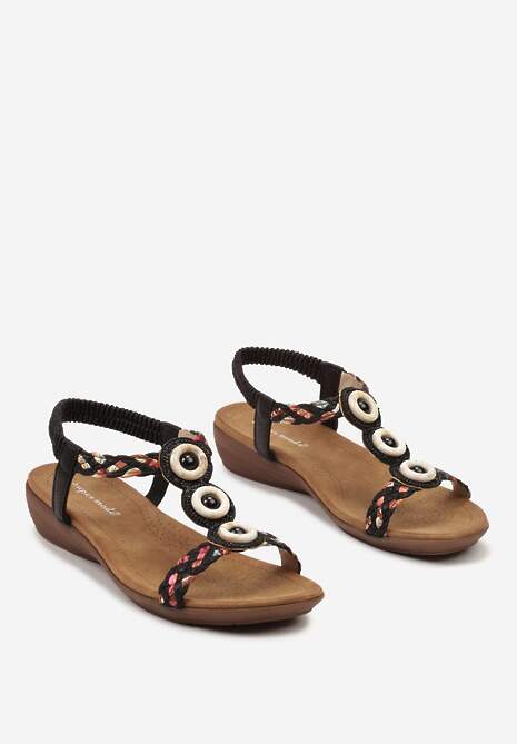 Czarne Sandały w Stylu Boho Ozdobione Plecionymi Paskami i Kryształkami Wiatrixa