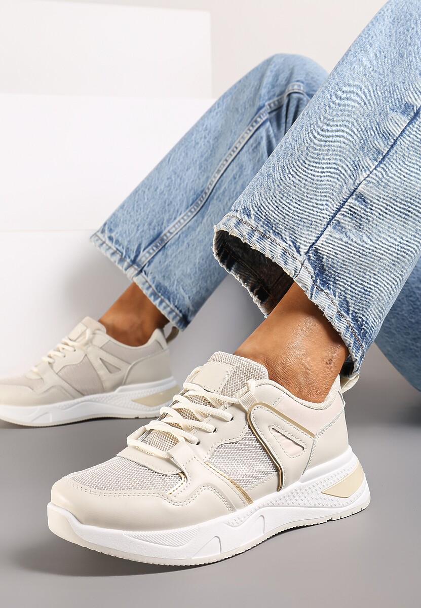 Beżowe Sneakersy na Ozdobnej Podeszwie ze Sznurowaniem Clarie