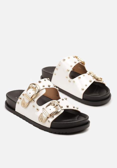 Białe Klapki z Ozdobnymi Paskami ze Sprzączkami i Nitami Aveloiti
