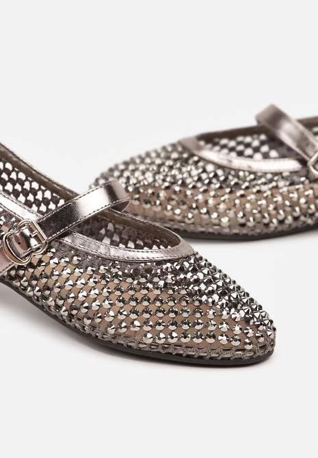 Srebrne Siateczkowe Balerinki z Paskiem z Błyszczącymi Cyrkoniami Lisabia