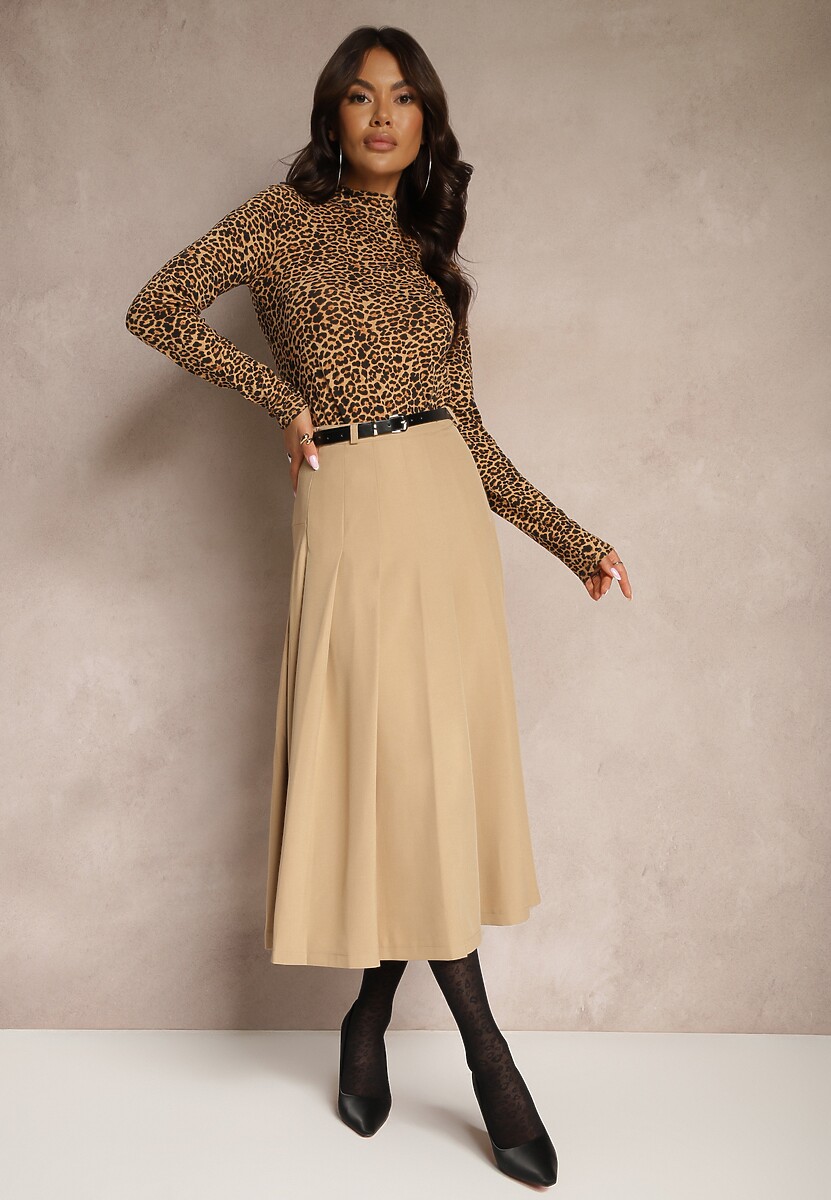 Beżowa Spódnica High Waist o Plisowanym Kroju z Paskiem w Talii Xeviana