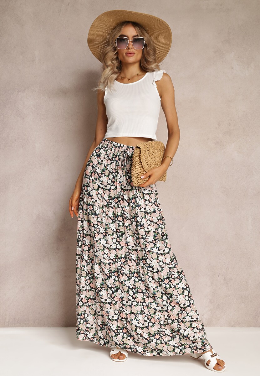 Czarno-Różowa Bawełniana Spódnica Maxi z Troczkiem i Printem w Kwiaty Yibji