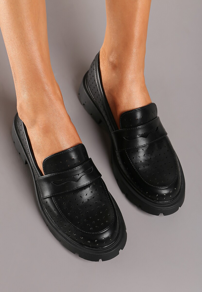 Czarne Płaskie Mokasyny z Ekoskóry o Ażurowym Wykończeniu Cevora