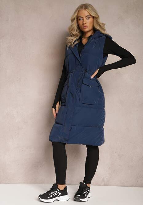 Granatowa Długa Kamizelka z Pikowaniem z Kapturem i Troczkiem w Talii Eutaria