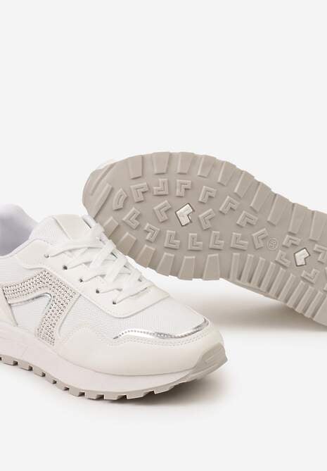 Białe Sneakersy z Cholewką przed Kostkę z Aplikacją z Cyrkonii Velvettes