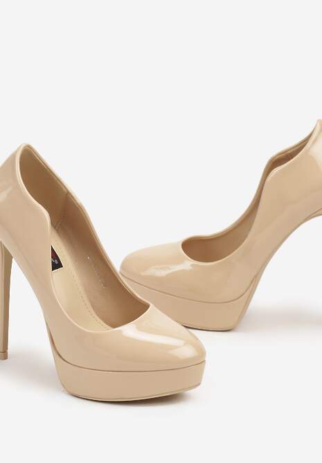 Beżowe Szpilki z Lakierowaną Asymetryczną Cholewką i Platformą Acilana