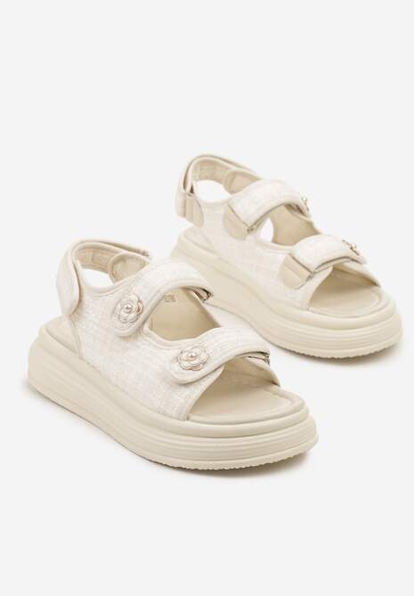 Beżowe Sandały na Tłoczonej Platformie z Tweedową Cholewką Meravira