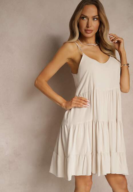 Jasnobeżowa Bawełniana Sukienka na Ramiączkach Ozdobiona Falbanami Lilitte