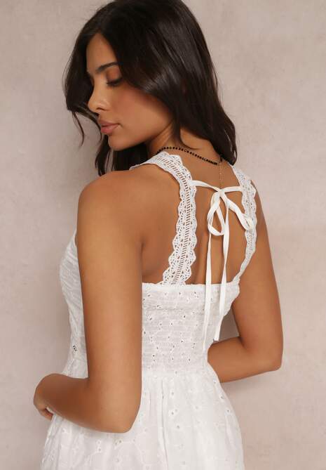 Biała Haftowana Sukienka Maxi z Koronką Norgann