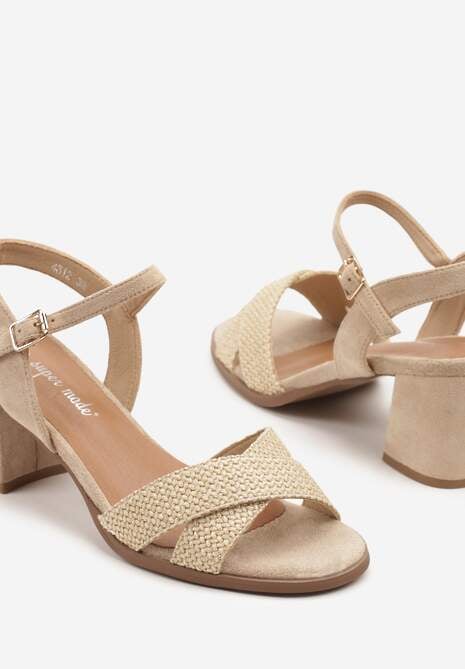 Beżowe Sandały na Słupku Ozdobione Plecionką Mevenaelle