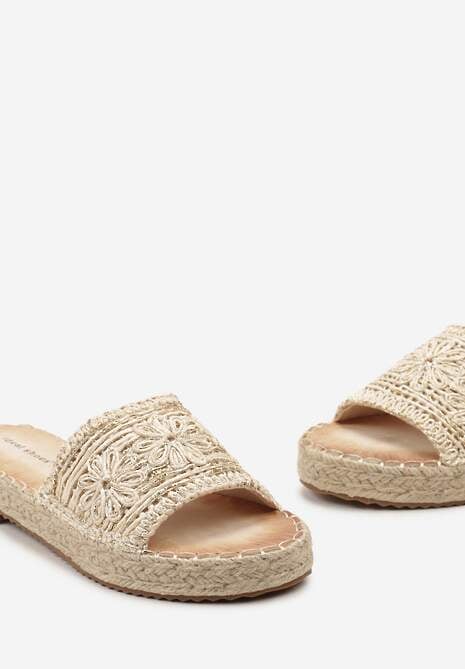 Beżowe Casualowe Klapki na Platformie Ozdobione Plecioną Jutą Rifenia