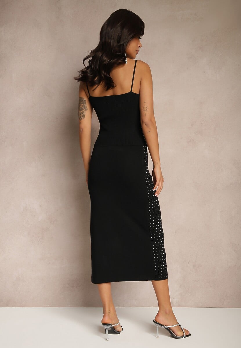 Czarny Cyrkoniowy Komplet z Dzianiny z Wiskozą Top i Dopasowana Spódnica Seliwen