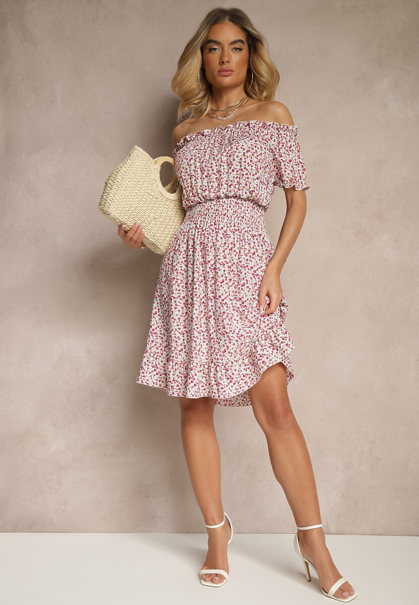 Biało-Czerwona Bawełniana Sukienka z Gumką w Talii o Fasonie Hiszpanki Jazmi