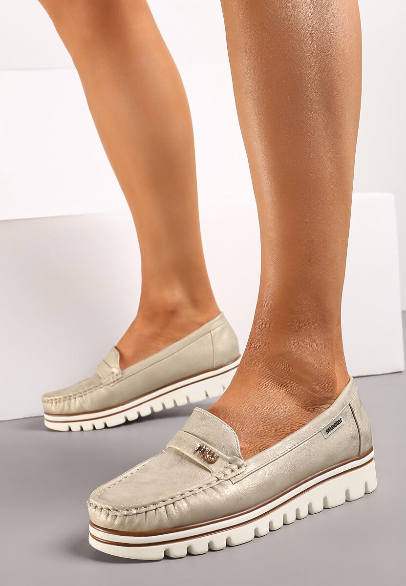 Złote Mokasyny z Wkładką ze Skóry Naturalnej Buildesa