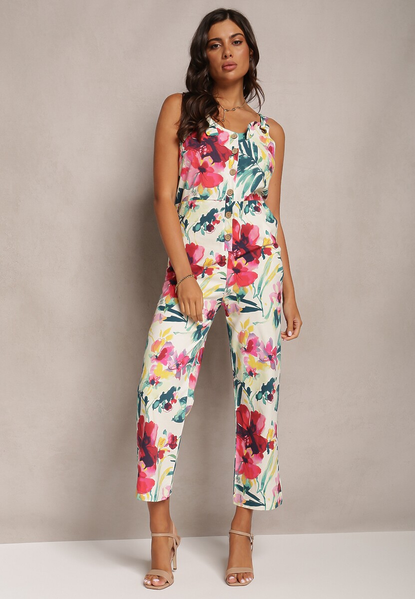 Beżowy Bawełniany Kombinezon w Kwiatowy Print z Kieszeniami na Wiązanych Ramiączkach Beyla